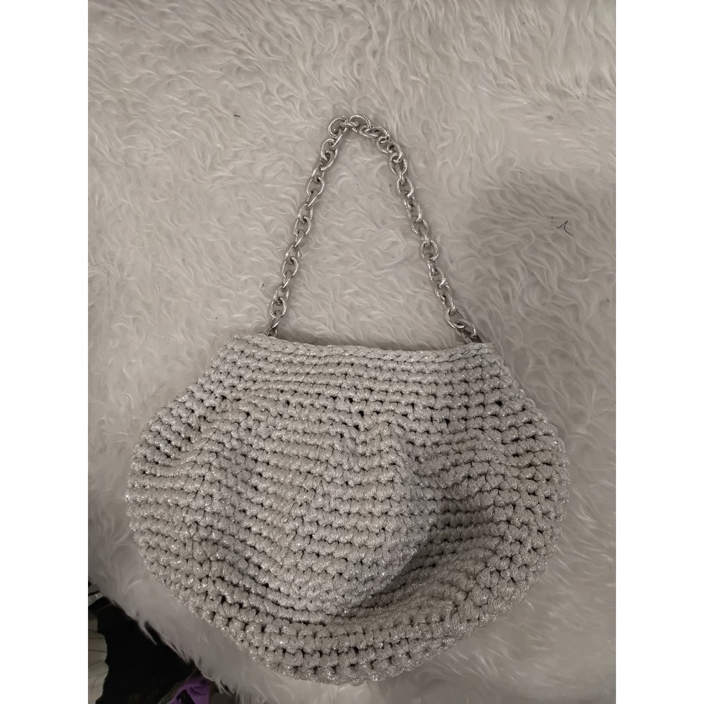 Silver Metallic Crochet Shoulder Bag Shimmer Knit Chain Strap Evening Clutch